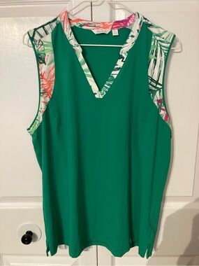 Lady Hagen Emerald Green V-Neck Sleeveless Tank with Tropical Trim